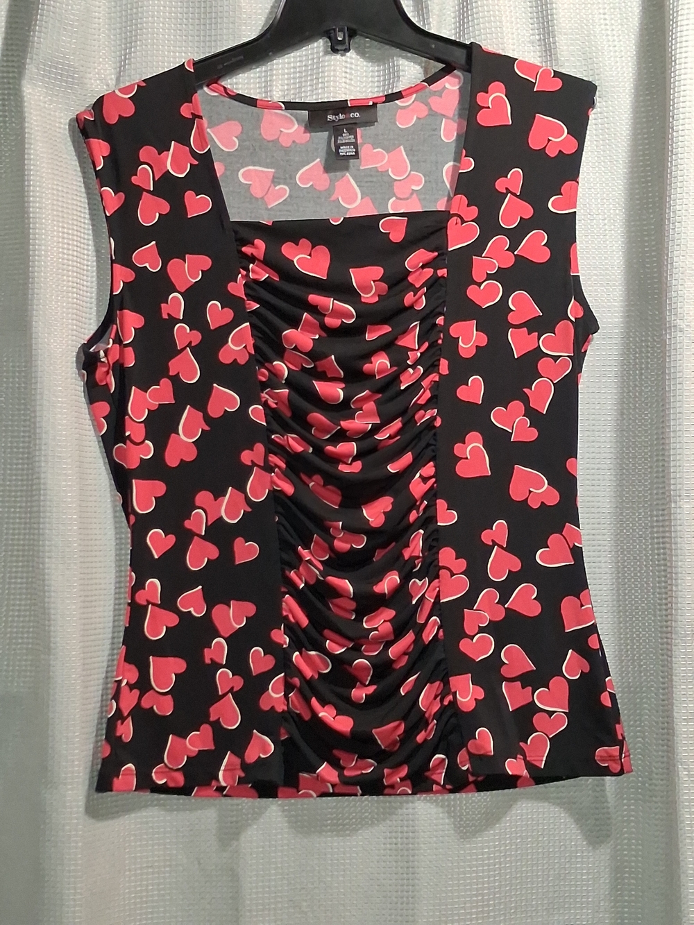 Style & Co. Women’s Black Sleeveless Ruched Top with Pink Heart Print